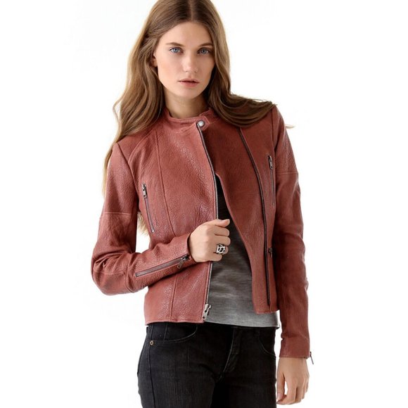 Theory Macha Juno Leather Biker Moto Jacket Auburn Smoke Size L